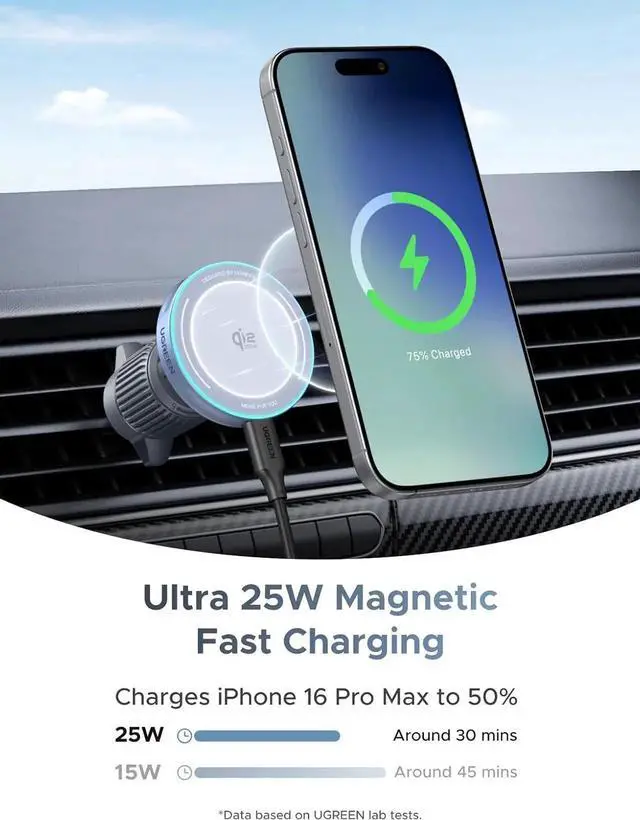 Alt view image 4 of 7 - UGREEN 25W MagFlow Wireless Car Charger, MagSafe Qi2 Certified Fast Charging Cradle Mount for iPhone 17/16/15/14/13/12 Series, Air Vent Clip Secure Holder with USB-C Cable