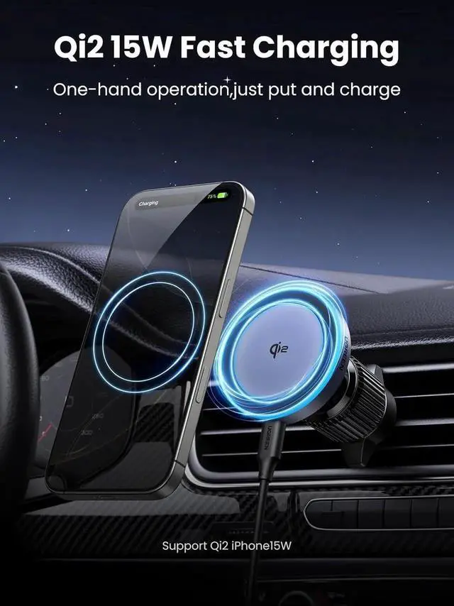 Alt view image 4 of 7 - UGREEN Qi2 Wireless Car Charger, 15W Fast Charging Strong Magnetic Car Phone Holder with LED Light for iPhone 17/16/15/14/13/12 Series Car Accessories