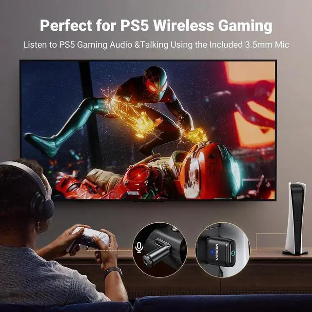 Alt view image 2 of 7 - UGREEN Bluetooth 5.3 Adapter for PS4 PS5 USB Audio Transmitter APTX Connecting Bluetooth Headphones to PS5, PS4, Switch, PC, Wireless Audio Adapter (Plug & Play)
