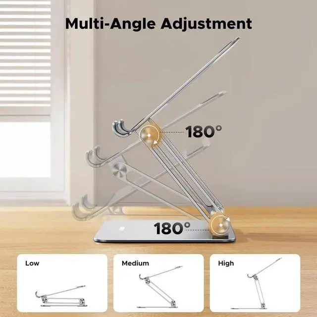 Alt view image 3 of 7 - UGREEN Tablet Stand Holder for Desk Dual Rod Support Aluminum Tablet Holder Adjustable Multi-Angle Home Office Accessories Compatible with iPad Pro 13 12 11 10.5 Air Mini 5 4 3 2 Phone E-Reader Silver