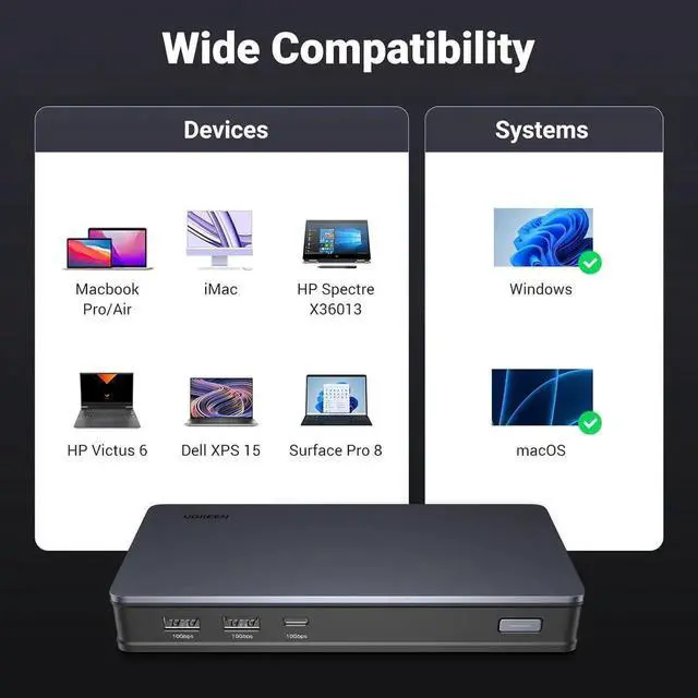 Alt view image 7 of 7 - UGREEN Revodok Pro 209 USB C Docking Station, DisplayLink 9-in-1 Dual 4K@60hz Monitor Dock for MacBook & Windows with 2 DP & 2 HDMI, 10 Gbps USB C & USB-A Data Ports, 100W PD, Gigabit Ethernet