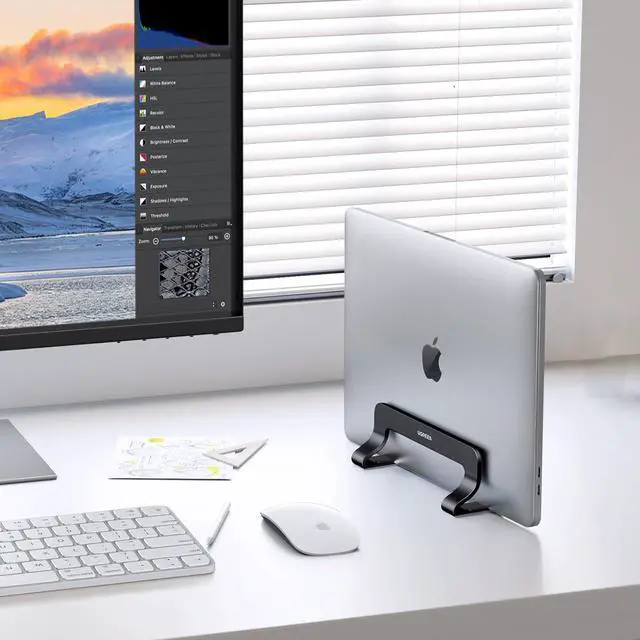 Alt view image 2 of 7 - UGREEN Vertical Laptop Stand Holder for Desk Compatible with MacBook Pro, MacBook Air Stand Vertical Aluminum Adjustable for Up to 17.3 Inch Gaming Laptop, Gray Black