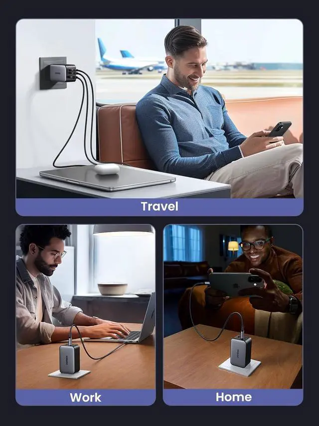 Alt view image 3 of 7 - UGREEN Nexode 65W GaN USB C Wall Charger, 3-Port Compact Foldable Fast Charger Power Adapter for iPhone 17/16/15 Series, Galaxy S25/S24, Pixel 10/9, MacBook Pro/Air, Dell XPS, iPad Pro (Black)