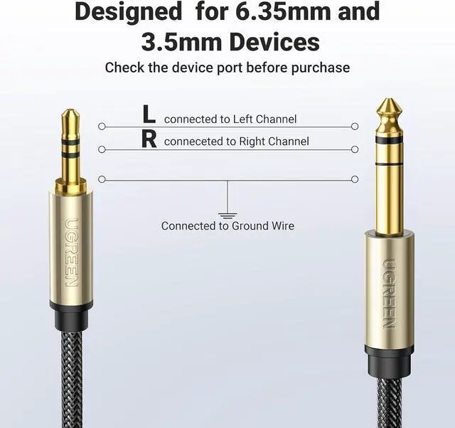 Alt view image 3 of 7 - UGREEN 1/8 to 1/4 Stereo Cable 3.5mm TRS to 6.35mm Audio Cable Guitar to Aux Male Cord with Zinc Alloy Housing and Nylon Braid for Guitar, Laptop, Home Theater Devices, Speaker and Amplifiers