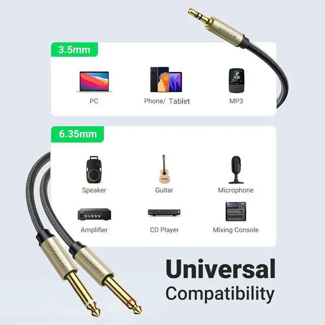 Alt view image 4 of 7 - UGREEN 1/8 to 1/4 Stereo Cable 3.5mm TRS to Dual 6.35mm 1/4 TS Mono Y Splitter Audio Cord Adapter Compatible with iPhone, PC, Computer Sound Card, Mixer, Multimedia Speaker, Home Stereo System 6.6FT