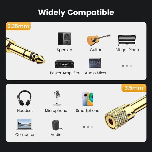Alt view image 7 of 7 - UGREEN 6.35mm 1/4 Male to 3.5mm 1/8 Female Stereo Headphone Adapter Audio Jack Plug Gold Plated for Speaker Headphone Guitar Digital Piano Amp, 2 Pack