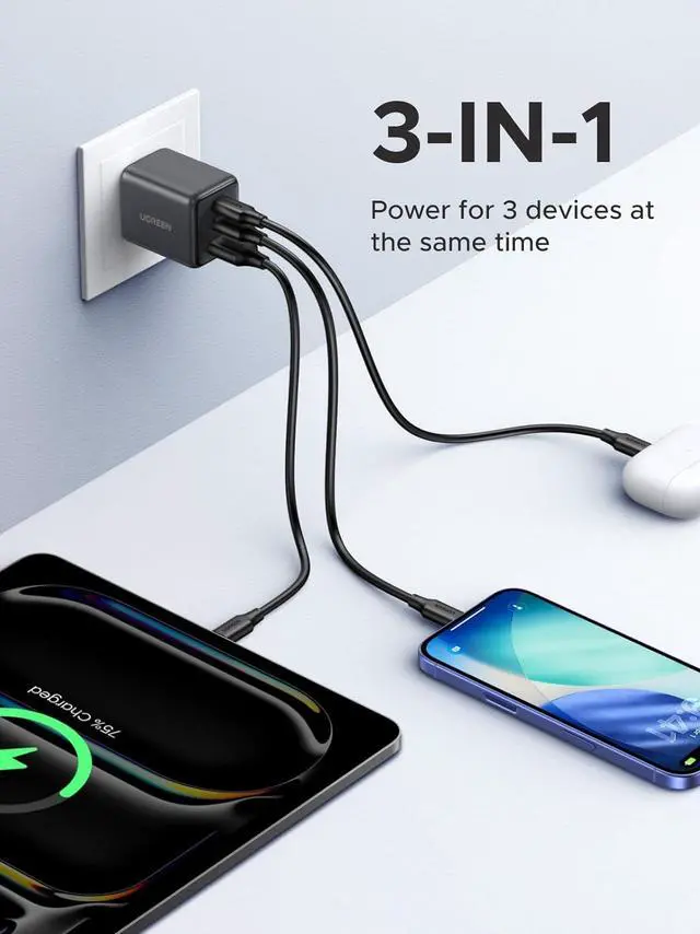 Alt view image 6 of 7 - UGREEN 30W Charger for iPhone 17 Fast Charging, 3 Port GaN Charger Block with 3.3ft USB-C Cable for iPhone 17/Air/16/15/14, Samsung Galaxy S25/S24/S23, Pixel 10/9/8/7, iPad and More, Matt Black