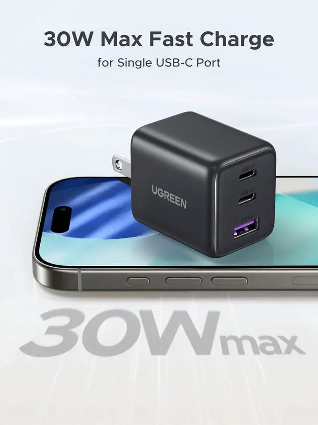 Alt view image 2 of 7 - UGREEN 30W Charger for iPhone 17 Fast Charging, 3 Port GaN Charger Block with 3.3ft USB-C Cable for iPhone 17/Air/16/15/14, Samsung Galaxy S25/S24/S23, Pixel 10/9/8/7, iPad and More, Matt Black
