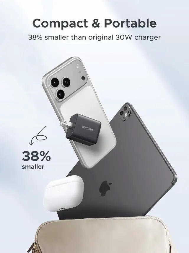 Alt view image 3 of 7 - UGREEN 30W Charger for iPhone 17 Fast Charging, 3 Port GaN Charger Block with 3.3ft USB-C Cable for iPhone 17/Air/16/15/14, Samsung Galaxy S25/S24/S23, Pixel 10/9/8/7, iPad and More, Matt Black