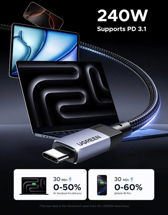 Alt view image 7 of 7 - UGREEN 240W USB C Cable, 40Gbps USB C to USB C Cable USB4.0 GEN3 8K 60Hz PD 3.1 Video Cable Compatible with USB C Monitors, Hubs, Docks, MacBook Air, iPhone 17/16 Pro Max, Galaxy S25/S25 Ultra, 3.3FT