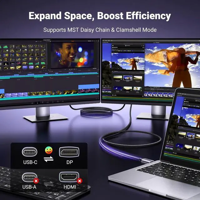 Alt view image 5 of 6 - UGREEN Bidirectional USB C to DisplayPort 1.4 Cable 8K@60Hz 4K@240Hz DisplayPort to USB C Thunderbolt 4 Cord Alu Braided Compatible iPhone 17 Pro Max, Galaxy S25, MacBook Pro/Air, iPad, XPS 17, 6.6FT