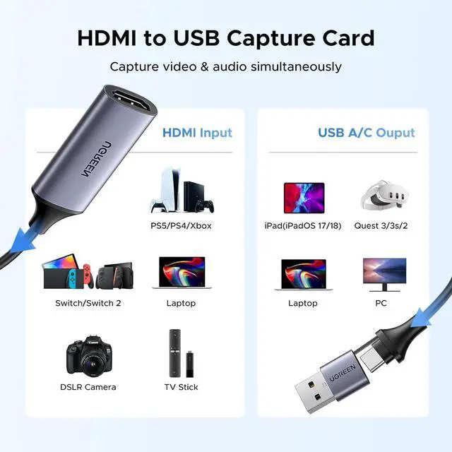 Alt view image 2 of 7 - UGREEN Full HD 1080P Capture Card 4K HDMI to USB 2.0 HDMI Video Capture Card USB-A/USB-C Audio Recording for Gaming, Streaming, Teaching Compatible with Switch 2/Xbox/PS4/PS5/Camera