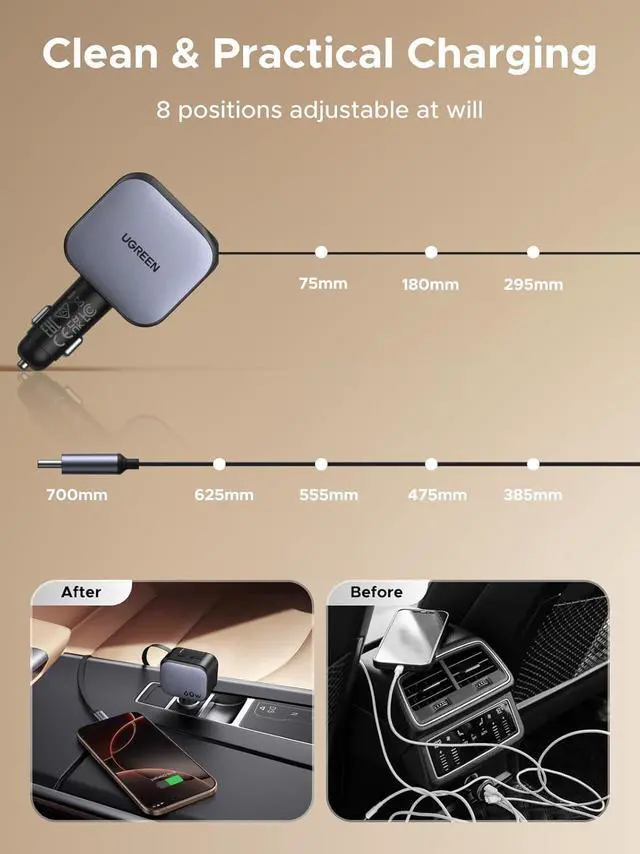 Alt view image 4 of 7 - UGREEN 60W 2C1A Car Charger with Retractable Cable, 3-Port Fast Charger with 30W PD USB-C, USB-A, Cigarette Lighter Adapter for iPhone 17/16/15, Galaxy S25/S24, iPad, GPS, 12V Car Accessories