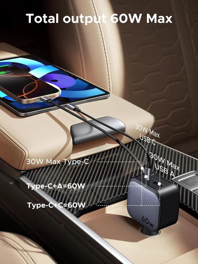 Alt view image 7 of 7 - UGREEN 60W 2C1A Car Charger with Retractable Cable, 3-Port Fast Charger with 30W PD USB-C, USB-A, Cigarette Lighter Adapter for iPhone 17/16/15, Galaxy S25/S24, iPad, GPS, 12V Car Accessories