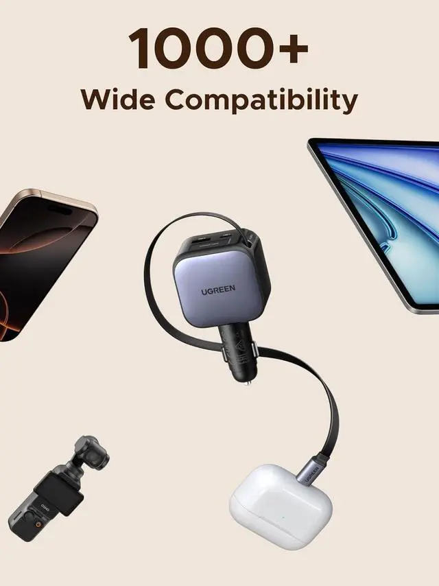 Alt view image 2 of 7 - UGREEN 60W 2C1A Car Charger with Retractable Cable, 3-Port Fast Charger with 30W PD USB-C, USB-A, Cigarette Lighter Adapter for iPhone 17/16/15, Galaxy S25/S24, iPad, GPS, 12V Car Accessories