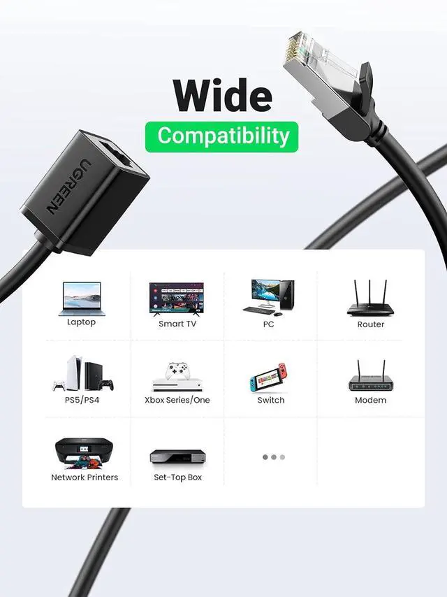 Alt view image 7 of 7 - UGREEN Ethernet Extension Cable Cat6 LAN Cable Extender Cat 6 RJ45 Network Patch Cord Male to Female Connector for Router Modem Smart TV PC Computer Laptop 6.6FT