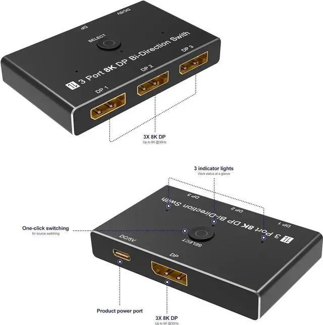 Alt view image 2 of 7 - CableDeconn A0209 DisplayPort 8K DP 1.4 Switch 3In 1Out 1In 3Out Bi-Direction 8K@30Hz 4K@144Hz Splitter Converter for Multiple Source and displays