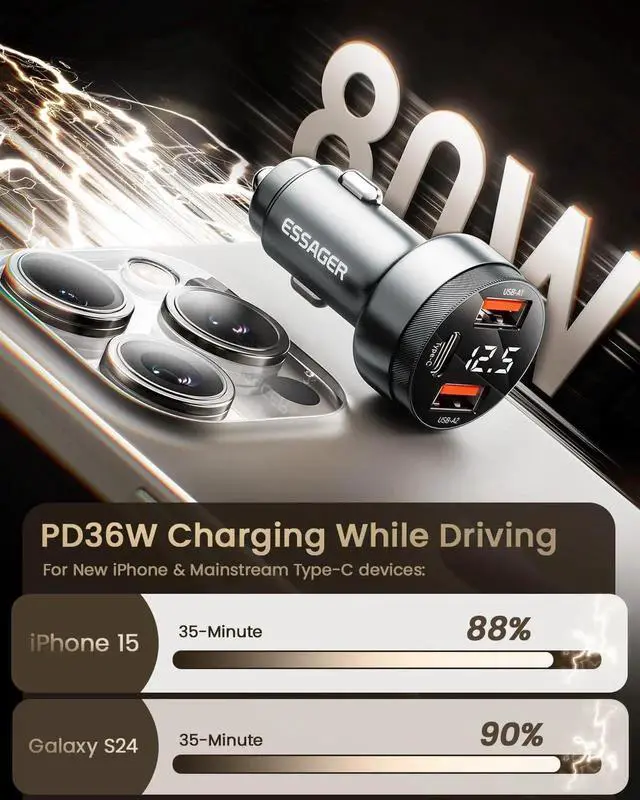 Alt view image 3 of 7 - 80W Super Fast Charging with USB PD/PPS/QC 3.0(Voltmeter&LED Lights) Universal Quick Charge for 12-24V Car Cigarette Lighter Plug,Compatible with iPhone 15 14 13 12,S22 S21 S20