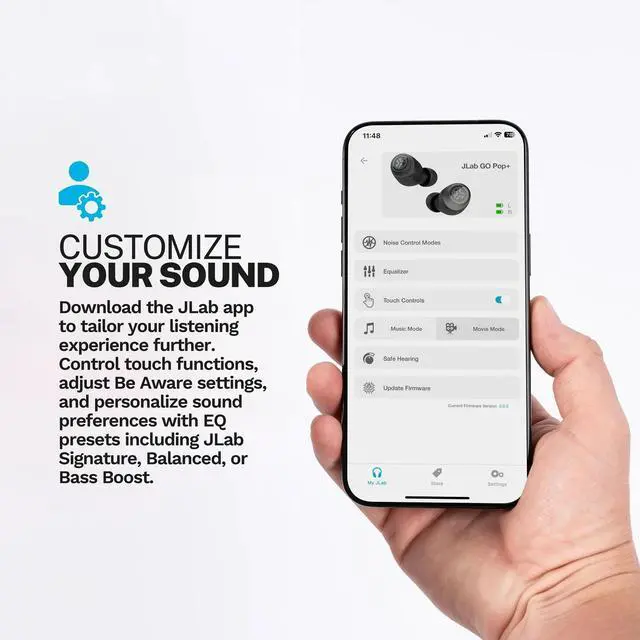Alt view image 6 of 7 - JLab Go Pop+ True Wireless Earbuds, Pink, Bluetooth, IPX4, Be Aware Mode, Customize Sound, Controls