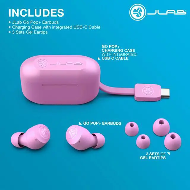 Alt view image 5 of 7 - JLab Go Pop+ True Wireless Earbuds, Pink, Bluetooth, IPX4, Be Aware Mode, Customize Sound, Controls