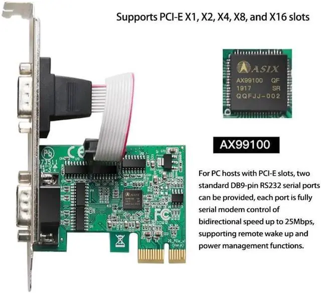 Alt view image 6 of 6 - 2 Port Serial PCI Express Expansion Card RS232 Com Serial Card PCIE Riser Converter Adapter for Windows AX99100 Chip
