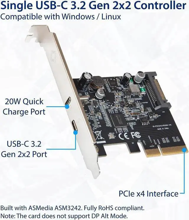 Alt view image 5 of 6 - IO CREST USB-C 3.2 Gen 2x2 + 20W QC Power Delivery PCI-e Gen 3 x4 Expansion Card SATA Powered ASMedia ASM3242