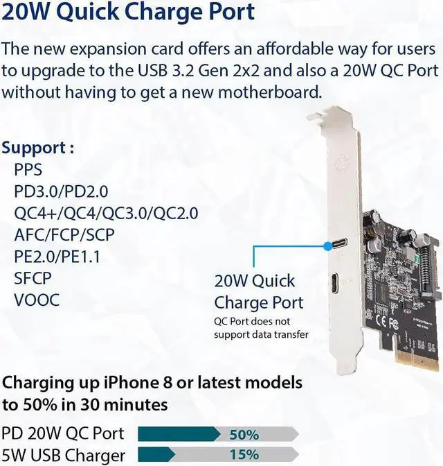 Alt view image 3 of 6 - IO CREST USB-C 3.2 Gen 2x2 + 20W QC Power Delivery PCI-e Gen 3 x4 Expansion Card SATA Powered ASMedia ASM3242