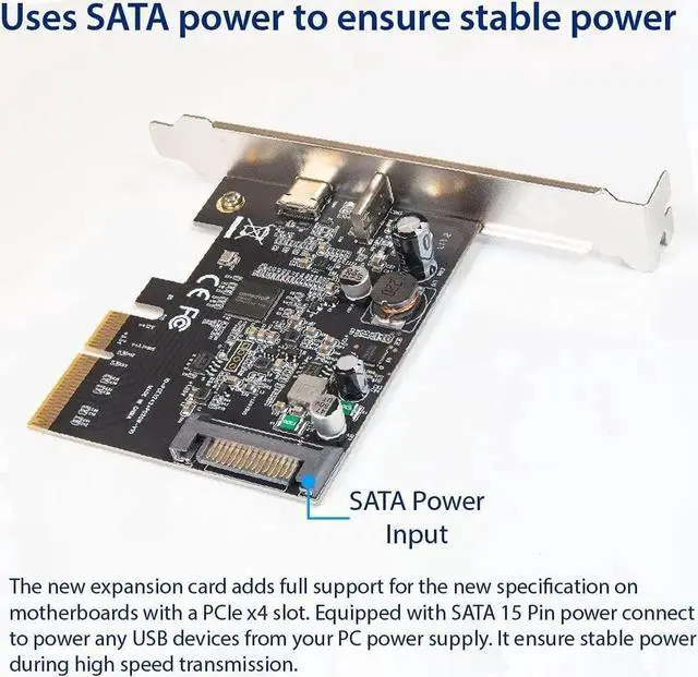 Alt view image 4 of 6 - IO CREST USB-C 3.2 Gen 2x2 + 20W QC Power Delivery PCI-e Gen 3 x4 Expansion Card SATA Powered ASMedia ASM3242