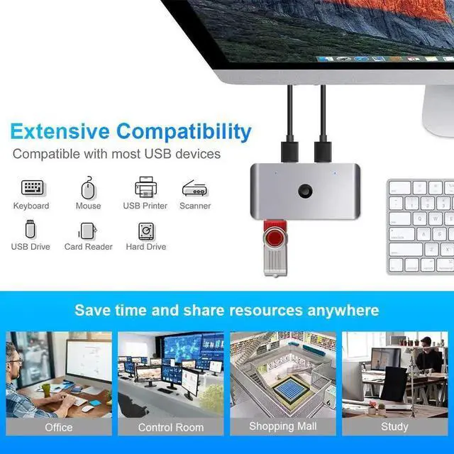 Alt view image 6 of 7 - USB 3.0 Switch Selector, KVM Switch Adapter 2 Computers Sharing 4 USB Devices, USB Peripheral Switcher Box Hub for PC Printer Scanner Mouse Keyboard with One Button Swapping and 2 Pack USB Cable