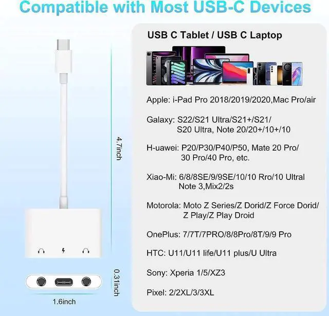 Alt view image 7 of 7 - USB C to 3.5mm Audio Adapter, 3 in 1 Aux to USB C Headphone Splitter Dual 3.5mm Audio Jack and PD 60W Fast Charging, Compatible for iPad Pro,Galaxy S22 S21 S20/Note 20,Pixel 4 3 XL,Huawei,etc
