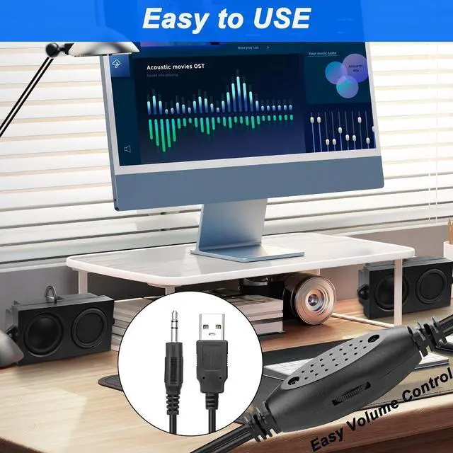 Alt view image 2 of 7 - Computer Speakers for Desktop PC Laptop, Mini PC Computer Speaker USB Powered 3.5mm AUX Jack Input with Volume Control, HiFi Stereo PC Loudspeaker for Desktop Tablet (Black, 1.2M)