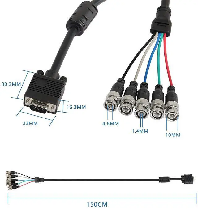 Alt view image 2 of 7 - VGA to BNC Adapter Cable, HD15 VGA to 5 BNC RGBHV Male Coaxial High Resolution for HDTV Monitor Cable (Black)