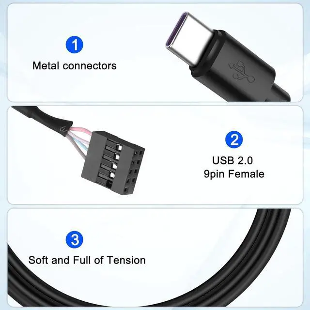 Alt view image 5 of 7 - USB 2.0 9Pin 10Pin Header to USB C Adapter Cable,IDC 10Pin Motherboard Serial Female to USB 3.1 Type C Male 24AWG Extender Converter Cable -50CM (2PCS)