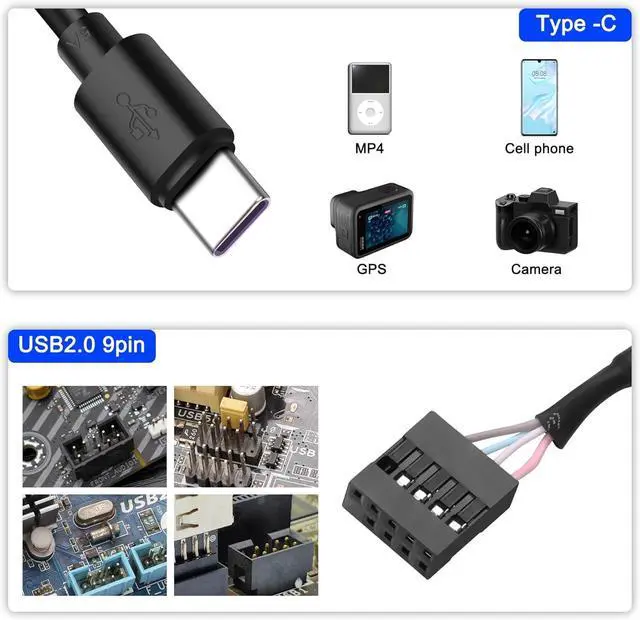 Alt view image 4 of 7 - USB 2.0 9Pin 10Pin Header to USB C Adapter Cable,IDC 10Pin Motherboard Serial Female to USB 3.1 Type C Male 24AWG Extender Converter Cable -50CM (2PCS)