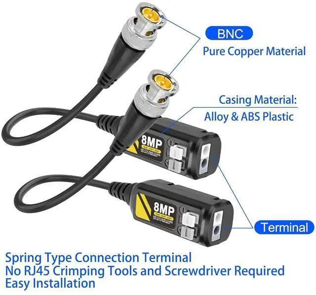 Alt view image 2 of 7 - 8MP Passive HD BNC Video Balun Connectors Passive AHD/TVI/CVI/CVBS Transceiver Transmitter for 720P/960P/1080P/3MP/4MP/5MP/8MP CCTV Security Cameras - 2 Pairs