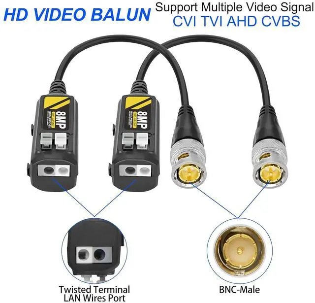 Alt view image 3 of 7 - 8MP Passive HD BNC Video Balun Connectors Passive AHD/TVI/CVI/CVBS Transceiver Transmitter for 720P/960P/1080P/3MP/4MP/5MP/8MP CCTV Security Cameras - 2 Pairs