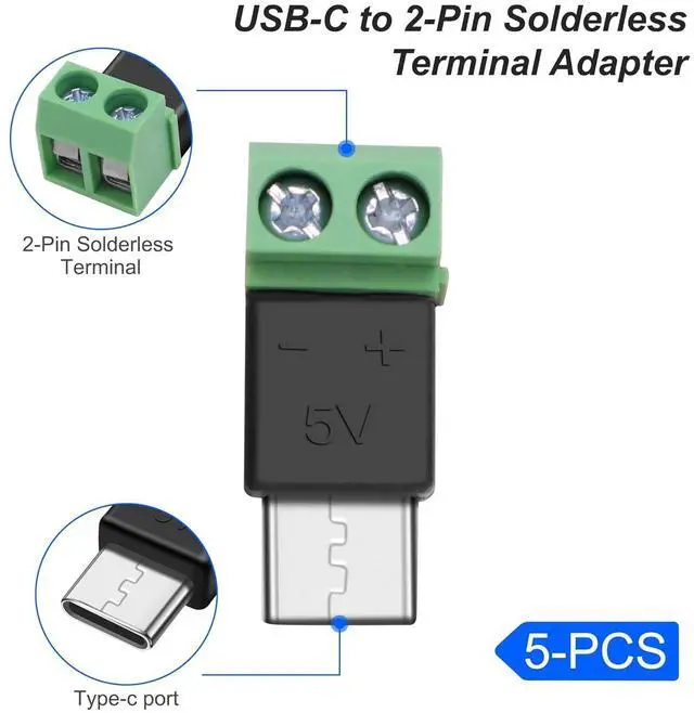 Alt view image 3 of 6 - USB Type C Solderless Connector Screw Terminal Adapter USB C Male to 2 Pin Terminal Block 5V 1.5A for Power Charging Repair DIY 5Pcs