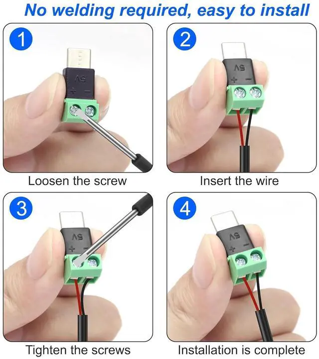 Alt view image 2 of 6 - USB Type C Solderless Connector Screw Terminal Adapter USB C Male to 2 Pin Terminal Block 5V 1.5A for Power Charging Repair DIY 5Pcs
