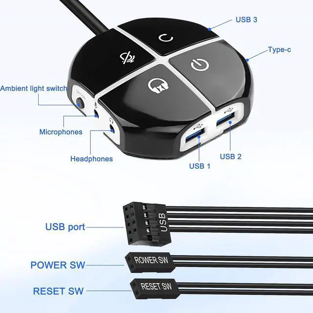 Alt view image 3 of 7 - Desktop Computer Power Switch Button, External PC Computer Case Switch with 3 USB Ports, Power On/Reset, Audio Microphone Port, Type C Power Supply Port for Home, Office Internet - 110CM