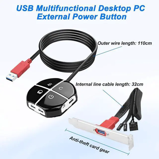 Alt view image 6 of 7 - Desktop Computer Power Switch Button, External PC Computer Case Switch with 3 USB Ports, Power On/Reset, Audio Microphone Port, Type C Power Supply Port for Home, Office Internet - 110CM
