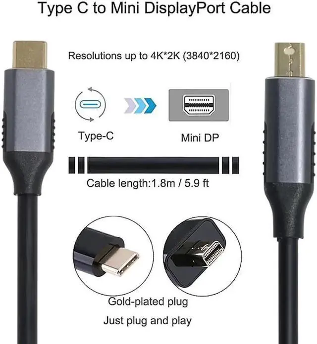 Alt view image 2 of 3 - USB 3.1 Type C USB-C Source to Mini DisplayPort DP Displays Male 4K Monitor Cable for Laptop 1.8m
