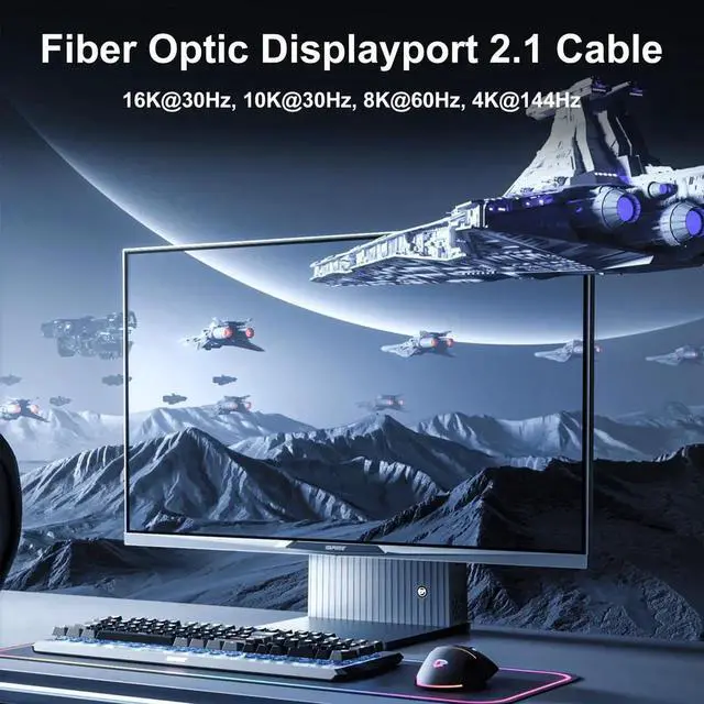 Alt view image 4 of 5 - FIBBR Certified Fiber Optic DisplayPort 2.1 Cable,DP2.1 Cable 80Gbps Video Display Port Cord Supports 16K@60Hz, 10K@60Hz, 8K@60Hz, 4K@165Hz, HDR, HDCP 2.2, 3D, ARC (9.84FT/3M)