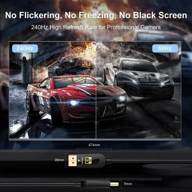 Alt view image 5 of 5 - FIBBR Certified Fiber Optic DisplayPort 2.1 Cable,DP2.1 Cable 80Gbps Video Display Port Cord Supports 16K@60Hz, 10K@60Hz, 8K@60Hz, 4K@165Hz, HDR, HDCP 2.2, 3D, ARC (9.84FT/3M)