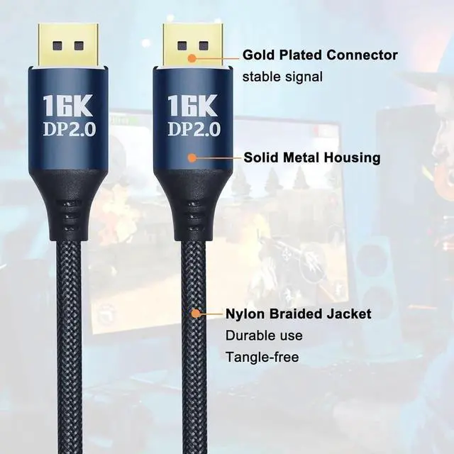 Alt view image 2 of 6 - DCHAV 16K Displayport to Displayport Cable Display Port 2.0 16K@60Hz, 8K@120Hz, 4K@240Hz 165Hz 144Hz 80Gbps HDR FreeSync G-Sync DP Cord for Computer Gaming Monitor Laptop PC TV Graphics Card, 5ft