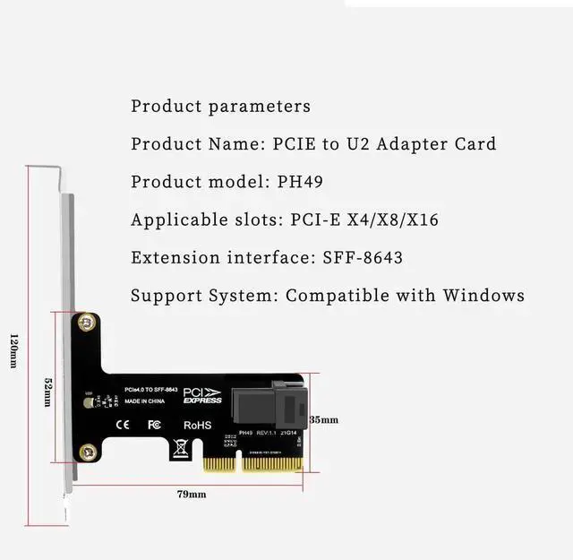 Alt view image 2 of 7 - PH49 PCIE4.0 X4 to U.2 SFF-8643 Expansion Card Server NVMe SSD Solid-State Drive Connector Support PCI-E Express X4/X8/X16 (Half-Height Baffle)