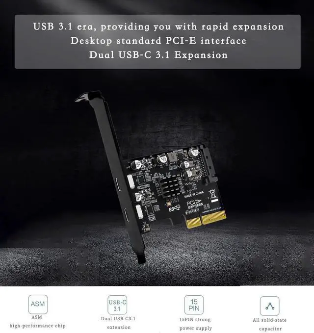 Alt view image 3 of 6 - PH65CC PCIE3.0 to USB3.1 + USB-C Expansion Card 10Gbps with Full and Half Baffle Support PCI-E X4 X8 X16