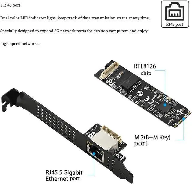 Alt view image 7 of 7 - M.2 B+MKey to 5G RJ45 Net Work Card PXE Diskless Boot Net Work Adapter for Desktops, Servers, NAS Soft Routing IO-M2F8126-GLAN