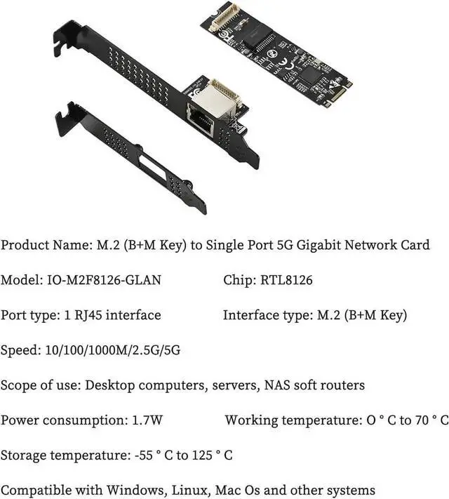 Alt view image 6 of 7 - M.2 B+MKey to 5G RJ45 Net Work Card PXE Diskless Boot Net Work Adapter for Desktops, Servers, NAS Soft Routing IO-M2F8126-GLAN