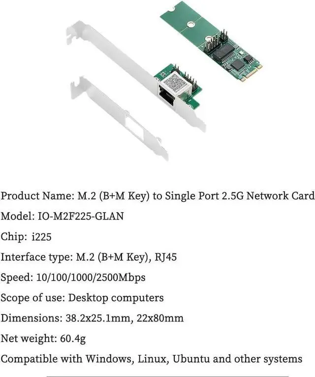 Alt view image 6 of 7 - IO-M2F225-GLAN 2.5G Single-Port Ethernet Net Work Card I225 Chipset, M.2 B+M Key to RJ45 Adapter, for Desktop Gaming & Workstation Use