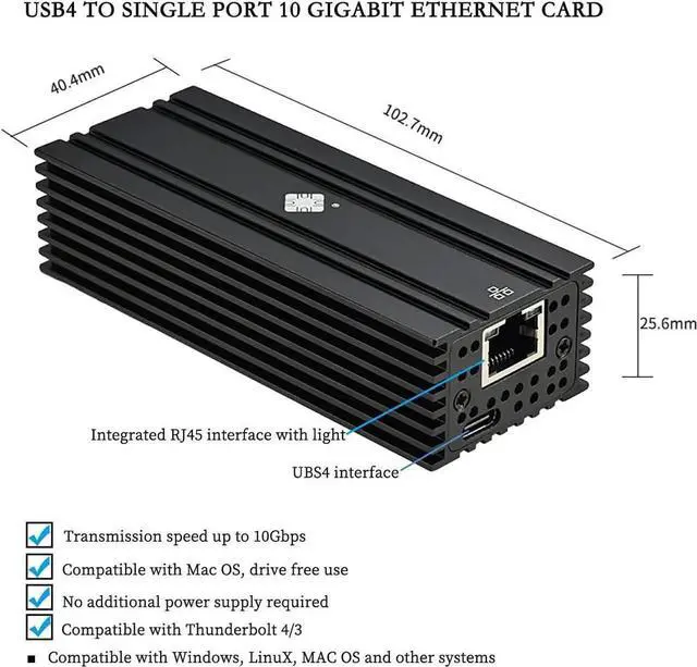 Alt view image 6 of 7 - I0-HTB1131-GLAN USB4 to 10G RJ45 Network Card Single-Port Ethernet Adapter Compatible with Thunderbolt 3 4 5